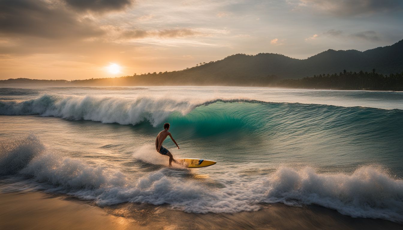A surfer rides a powerful wave at Bang Tao Beach, showcasing different faces, hair styles, outfits, and a bustling atmosphere.