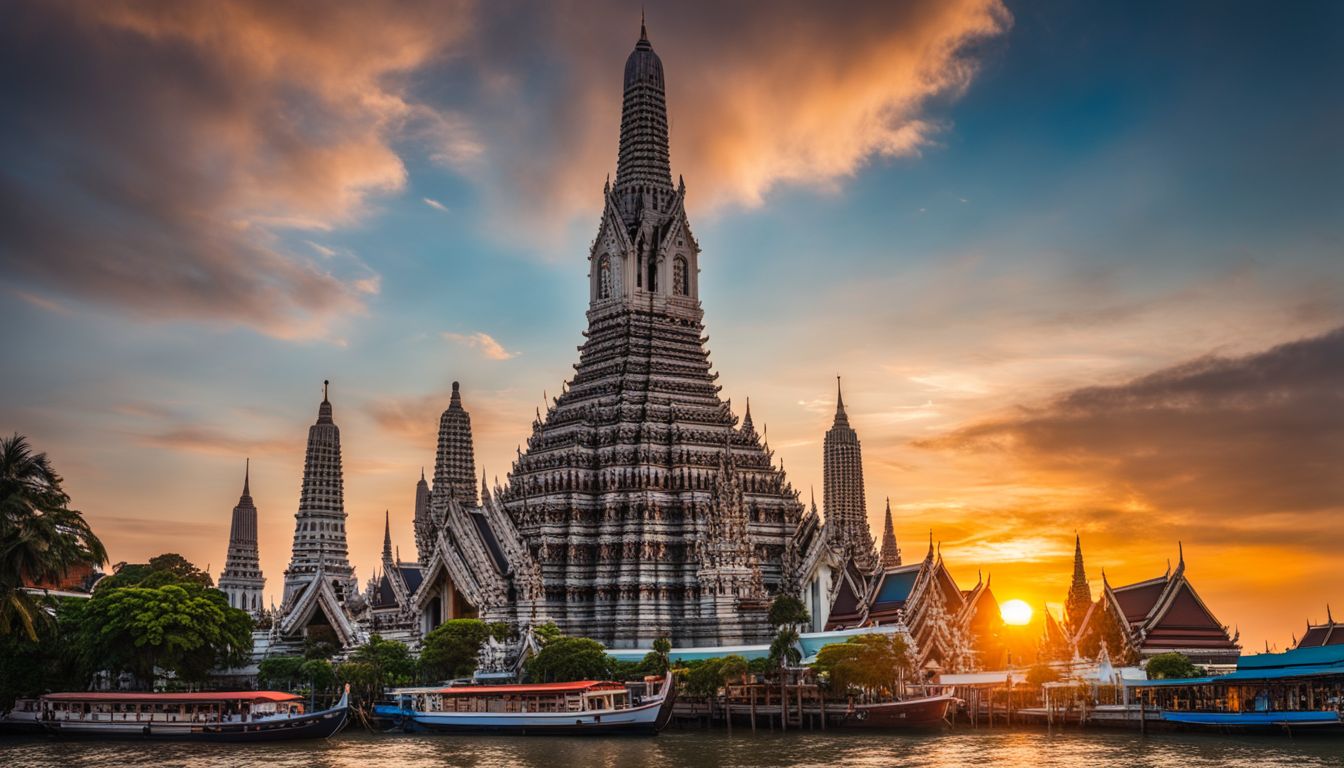 A stunning photo of the Wat Arun temple during sunrise, showcasing its intricate architecture and bustling atmosphere.