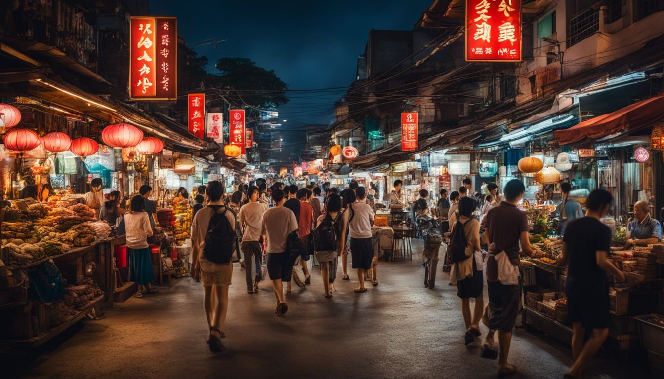 A vibrant night scene in Bangkok's Chinatown featuring a diverse mix of people and bustling street activity.