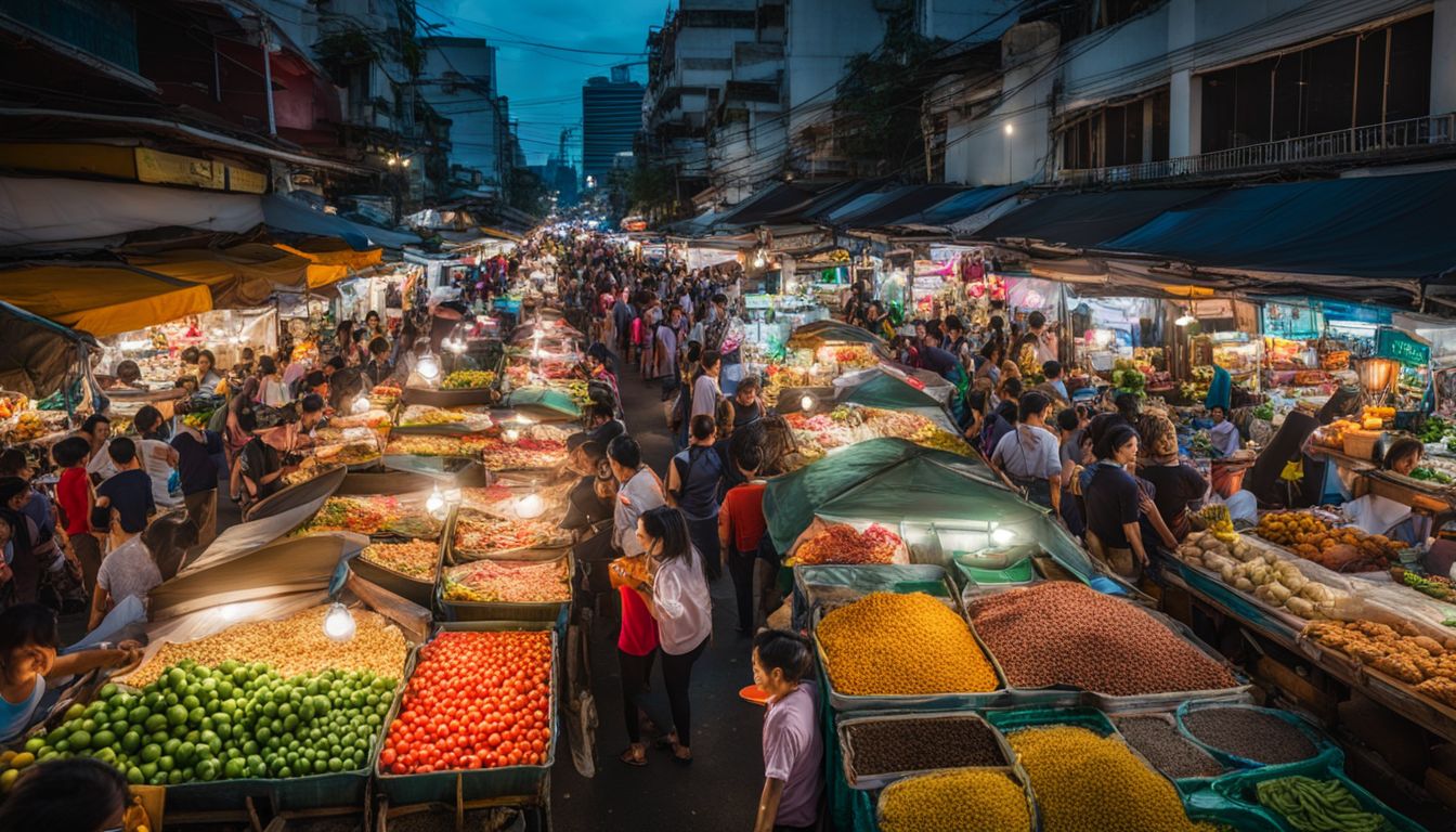 A vibrant street market in Bangkok with diverse stalls, busy crowds, and a lively atmosphere.