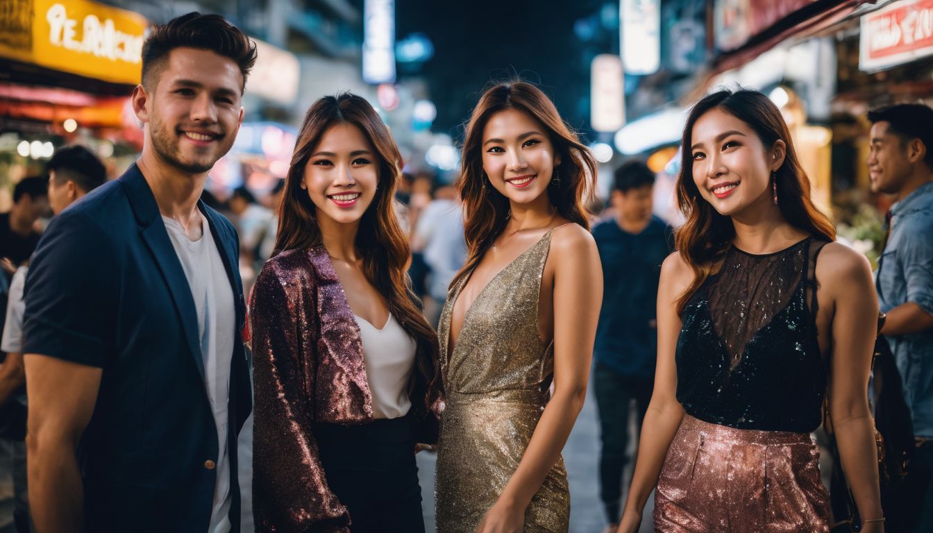 A diverse group of friends enjoy exploring the vibrant streets of Bangkok at night using a high-quality camera.