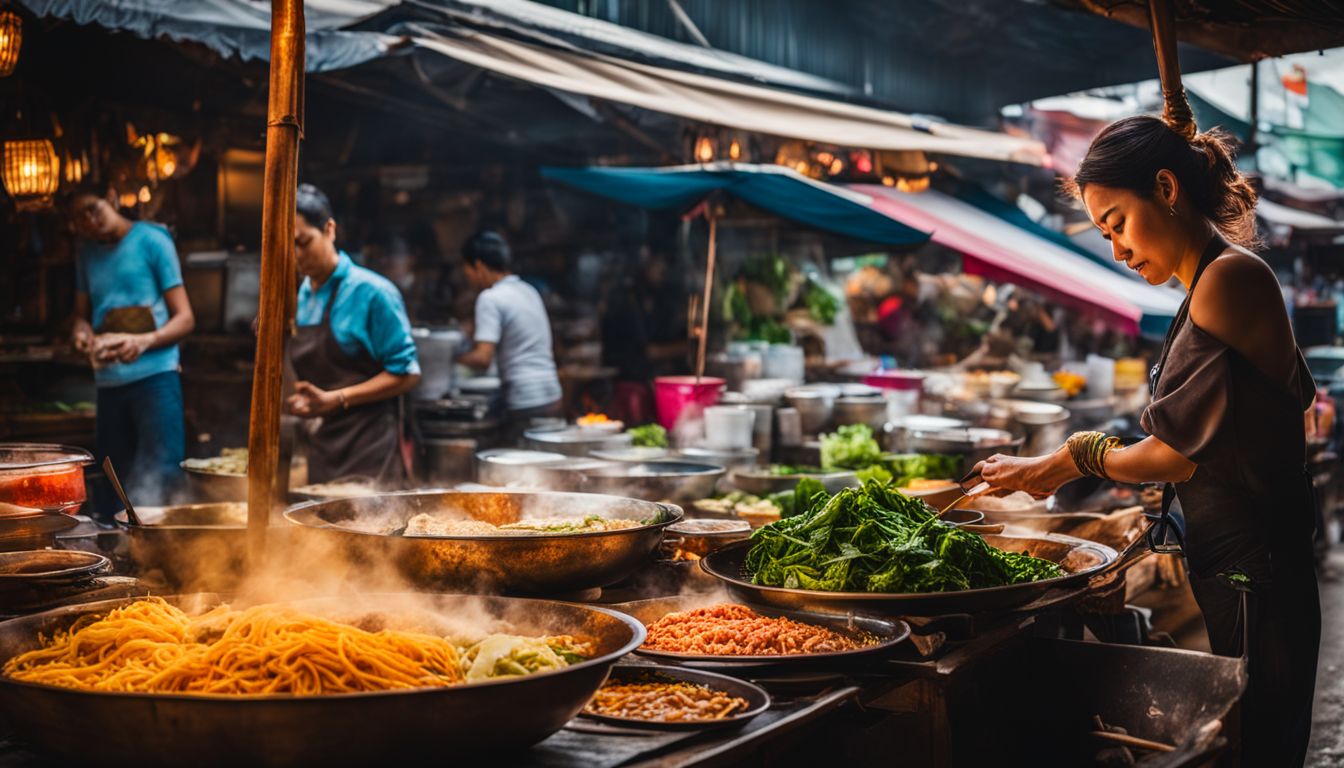 A street food vendor prepares traditional Thai dishes with a vibrant market backdrop.
