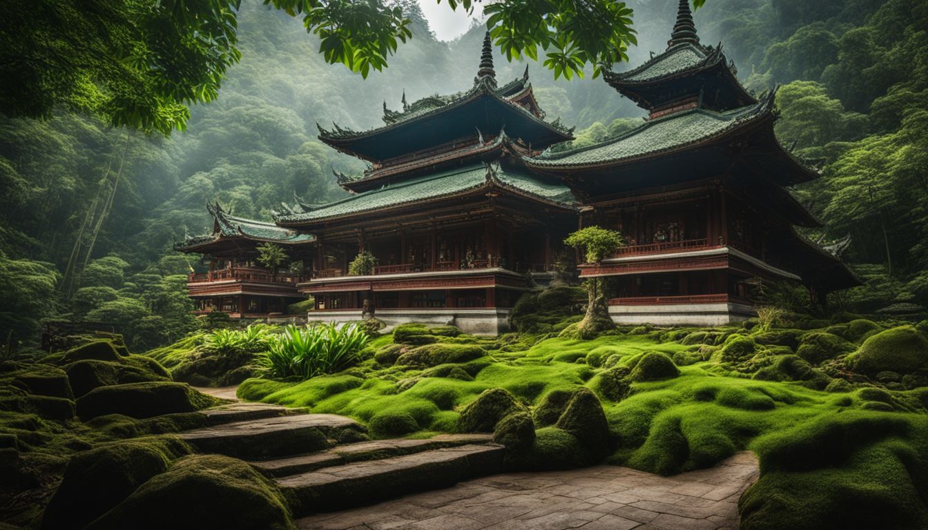 A serene Buddhist temple surrounded by lush green rainforests captures the bustling atmosphere of a vibrant spiritual community.
