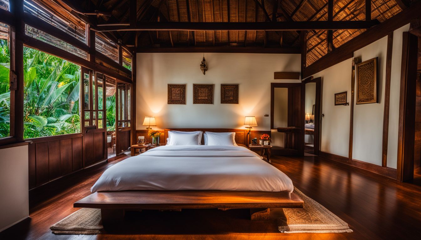 A cozy and inviting traditional Thai guesthouse bedroom with diverse guests and vibrant atmosphere.