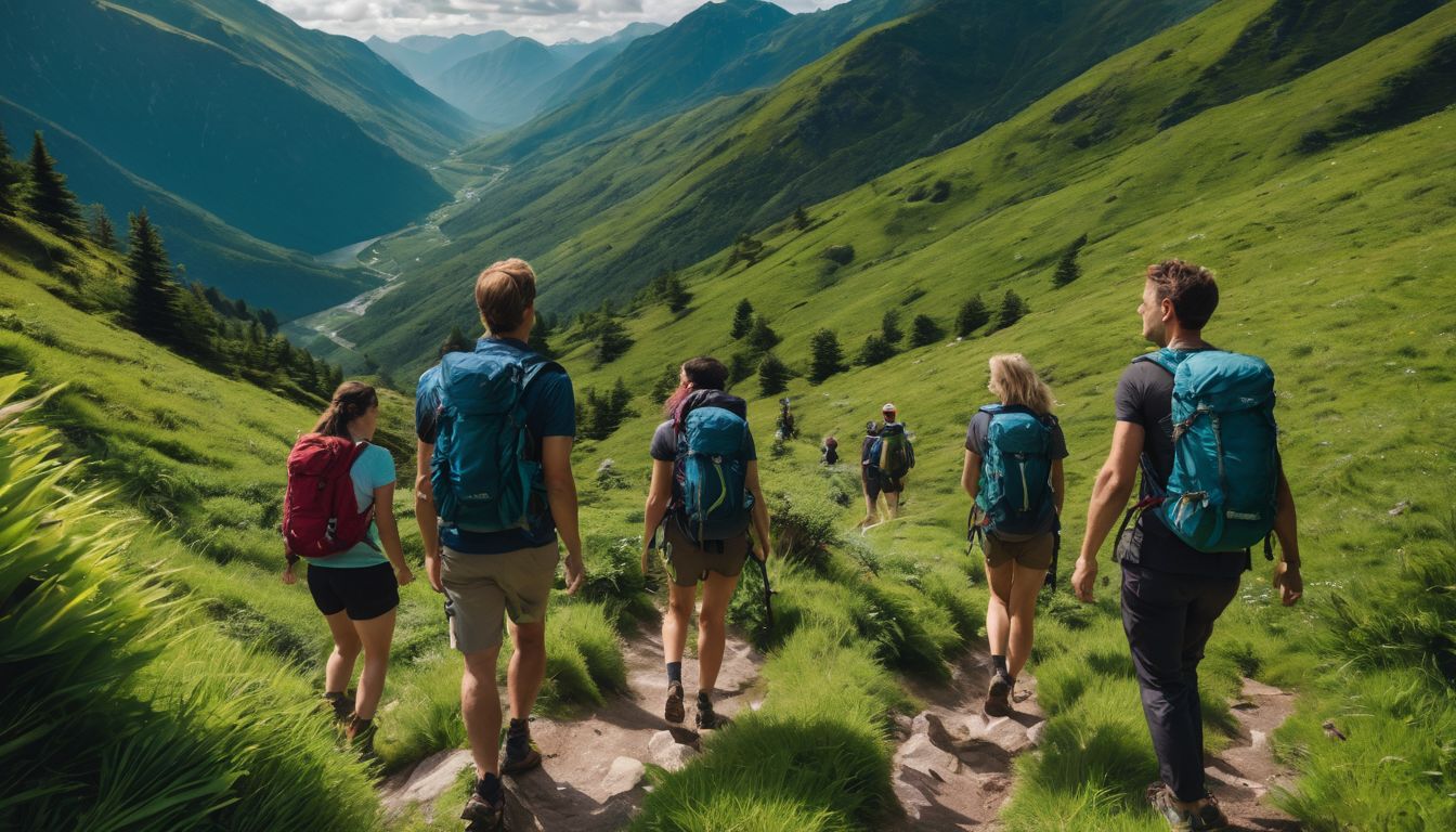 A diverse group of friends hike through lush green mountains, capturing the beauty of nature on camera.