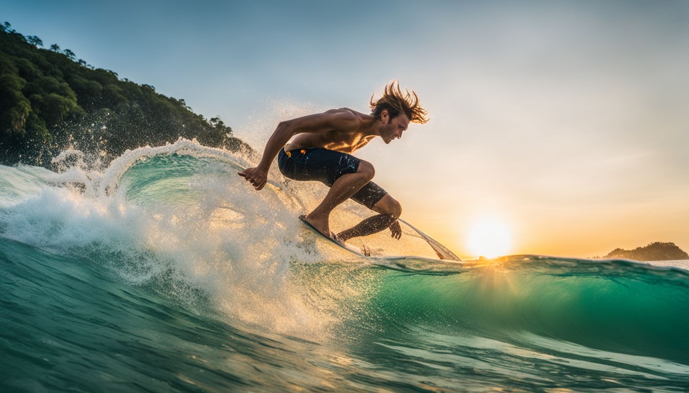 A surfer rides a wave at Kata Beach, showcasing a bustling atmosphere and crystal-clear waters.