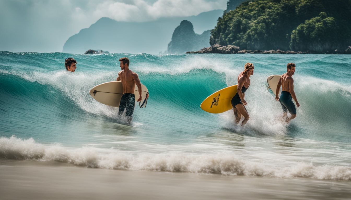Surfers catch waves in Thailand's turquoise waters, creating a vibrant and energetic scene.