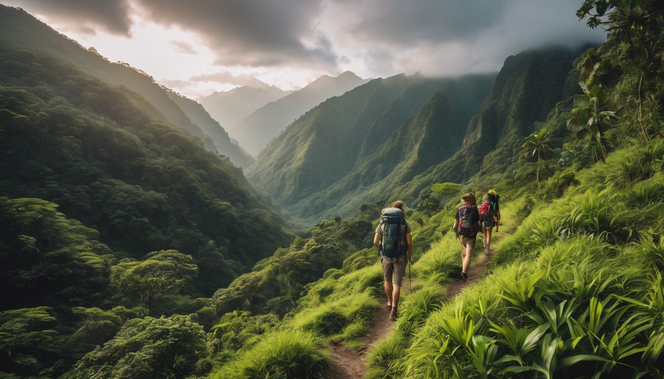 A diverse group of tourists hiking through a lush jungle, captured in a vibrant and cinematic photograph.
