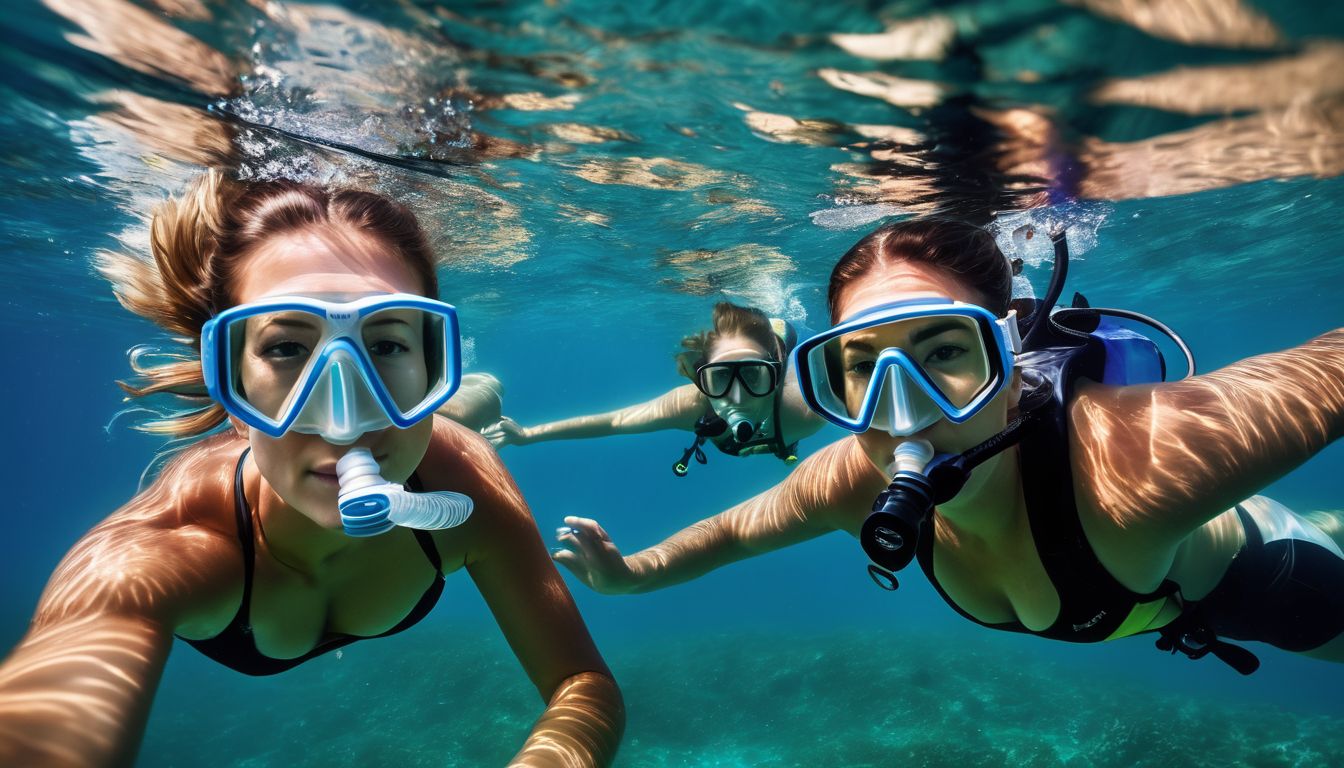 A group of friends snorkeling together in clear turquoise waters, captured in a vibrant and detailed underwater photograph.