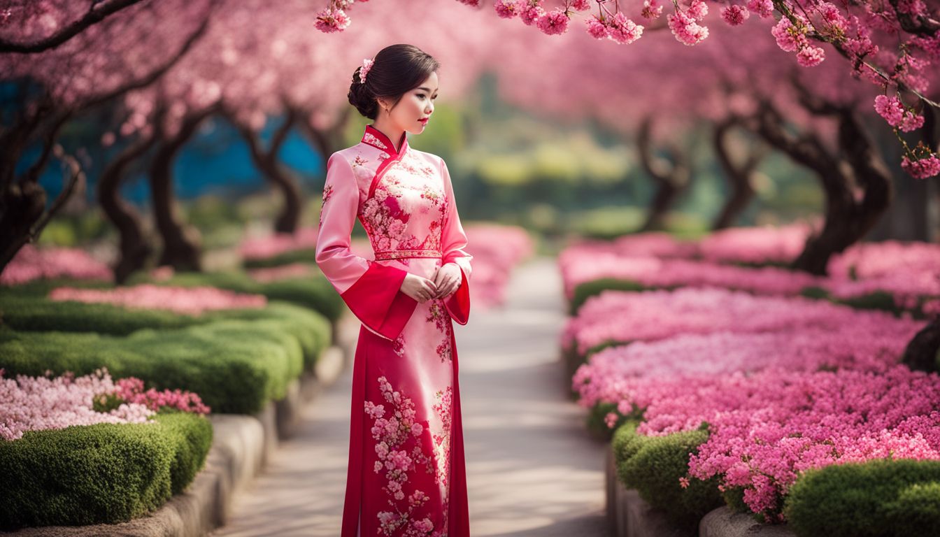 A woman wearing a traditional Vietnamese ao dai walks through a vibrant cherry blossom garden.