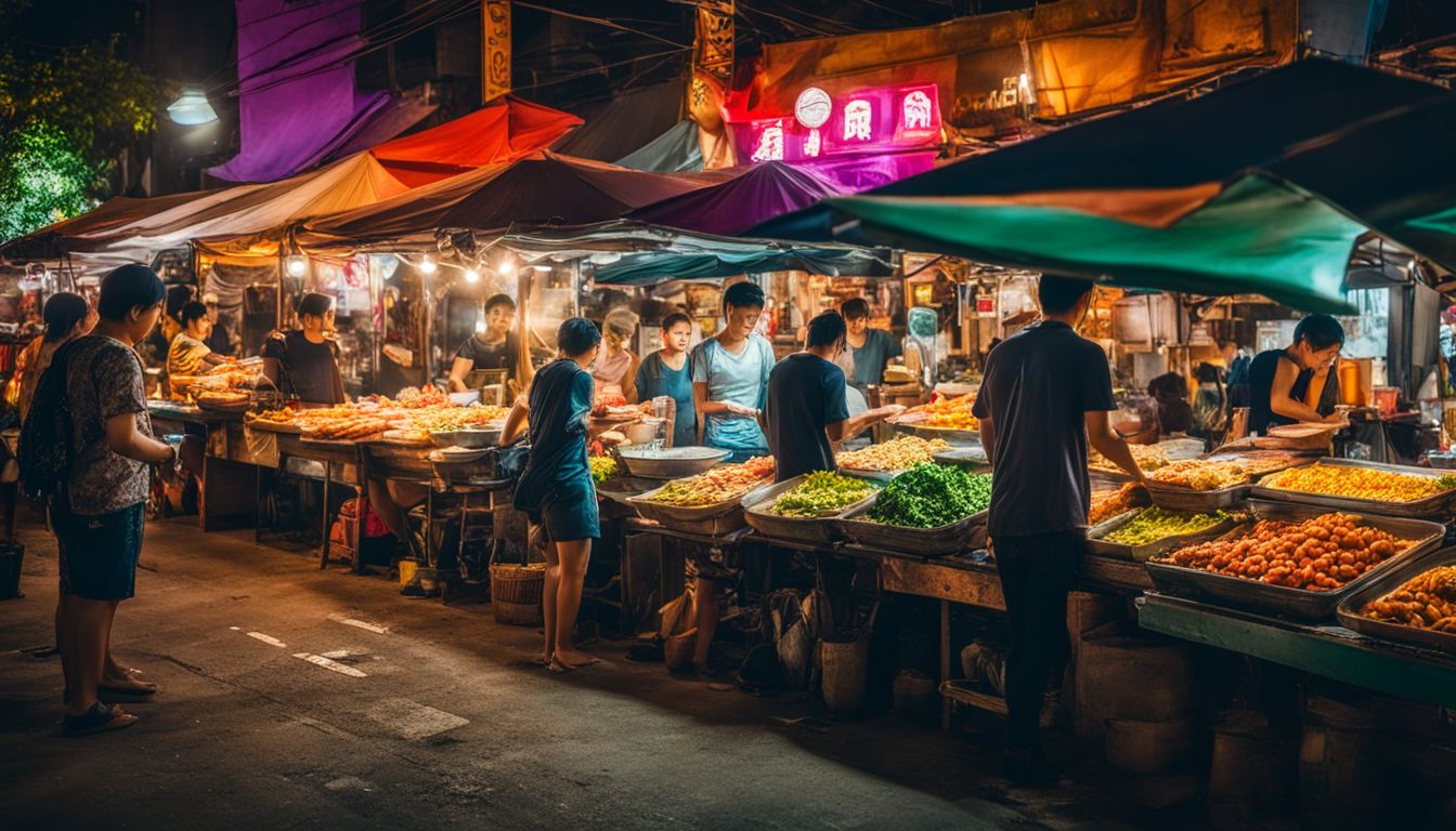 A vibrant street food market in Bangkok, bustling with a diverse crowd and a range of food options.