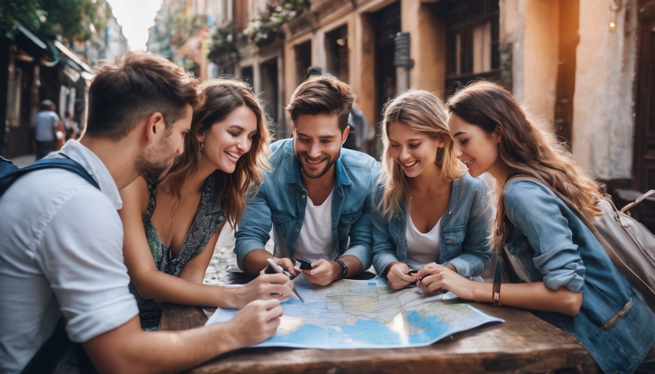 A diverse group of travelers plan their budget for a trip while sitting around a map.