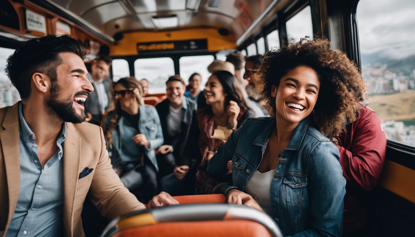 A diverse group of travelers on a bus, enjoying each other's company in a bustling cityscape.