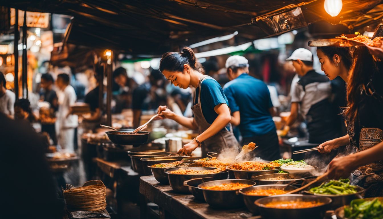 Street food vendors in a bustling city prepare delicious Thai dishes in a well-lit and vibrant atmosphere.