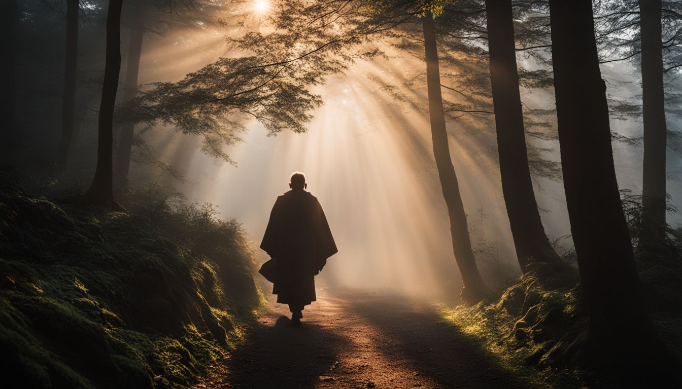 A photograph capturing the serene and mystical ambiance of a monk walking through a misty forest at sunrise.