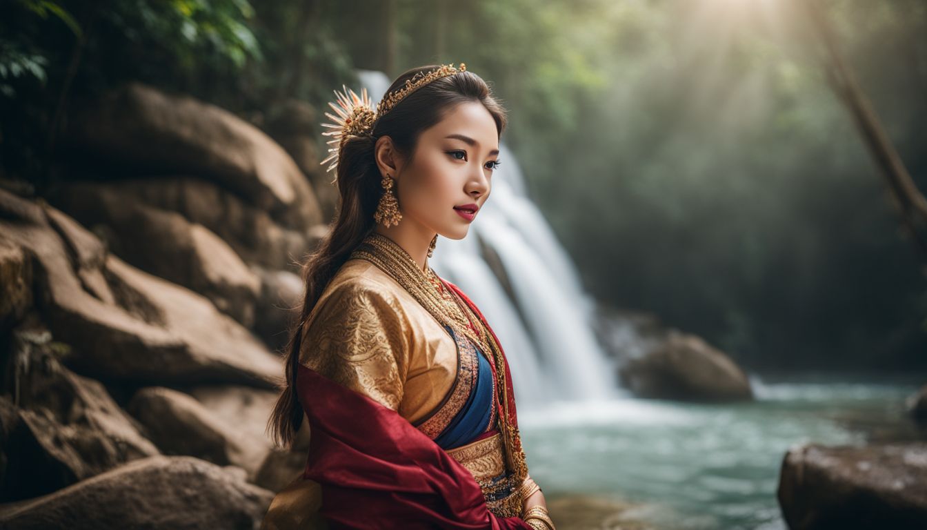 A young woman in traditional Thai clothing poses in front of a waterfall in a bustling atmosphere.