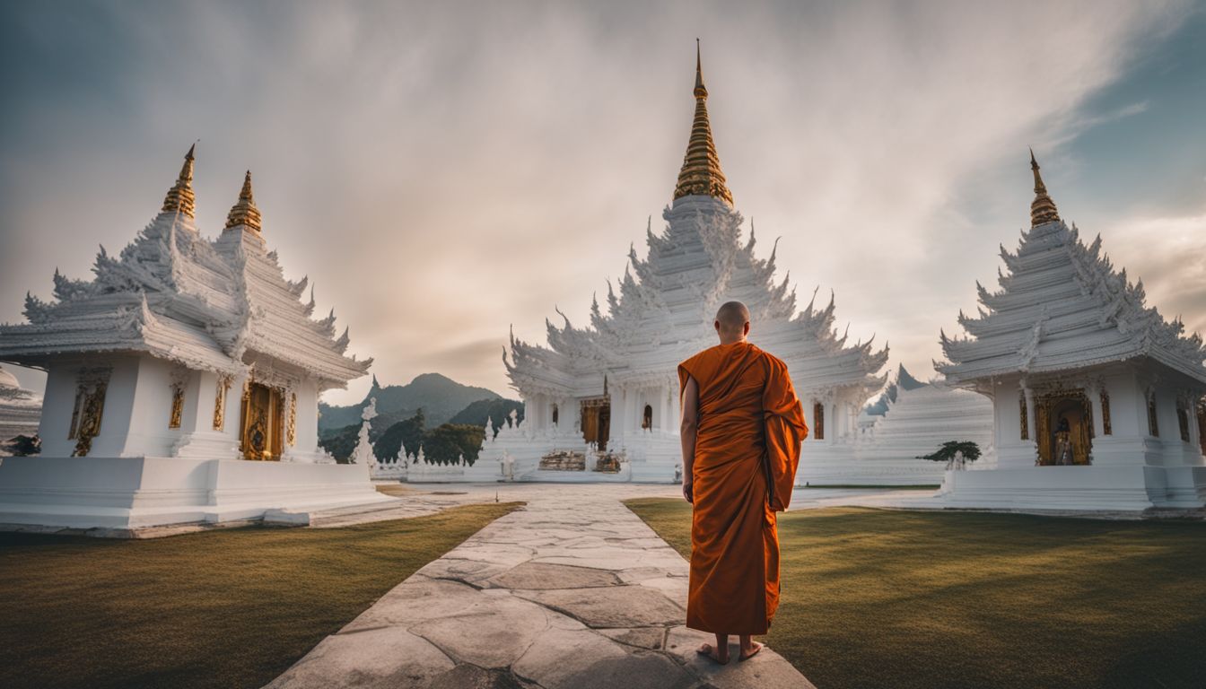 A Buddhist monk stands in front of the stunning White Temple in a bustling atmosphere.