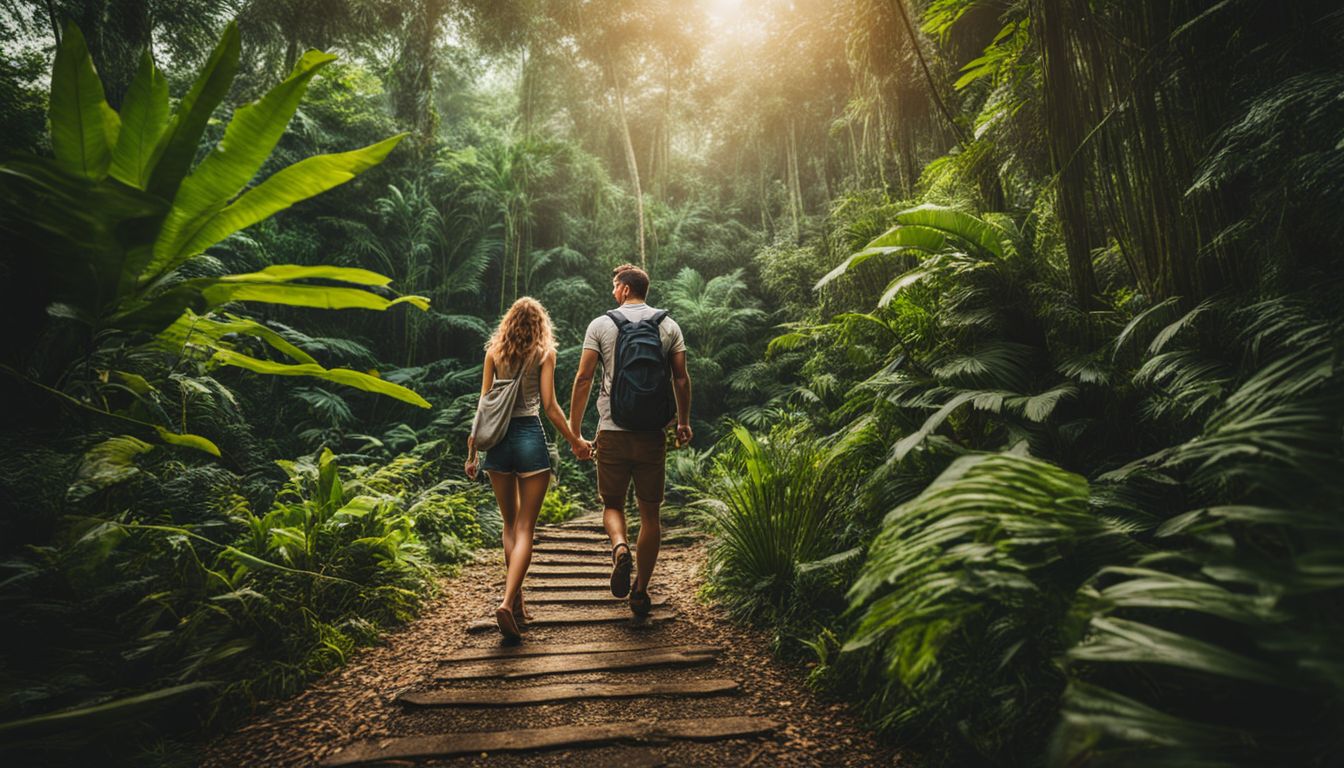 A couple explores a vibrant tropical jungle, captured with stunning clarity and vivid colors.