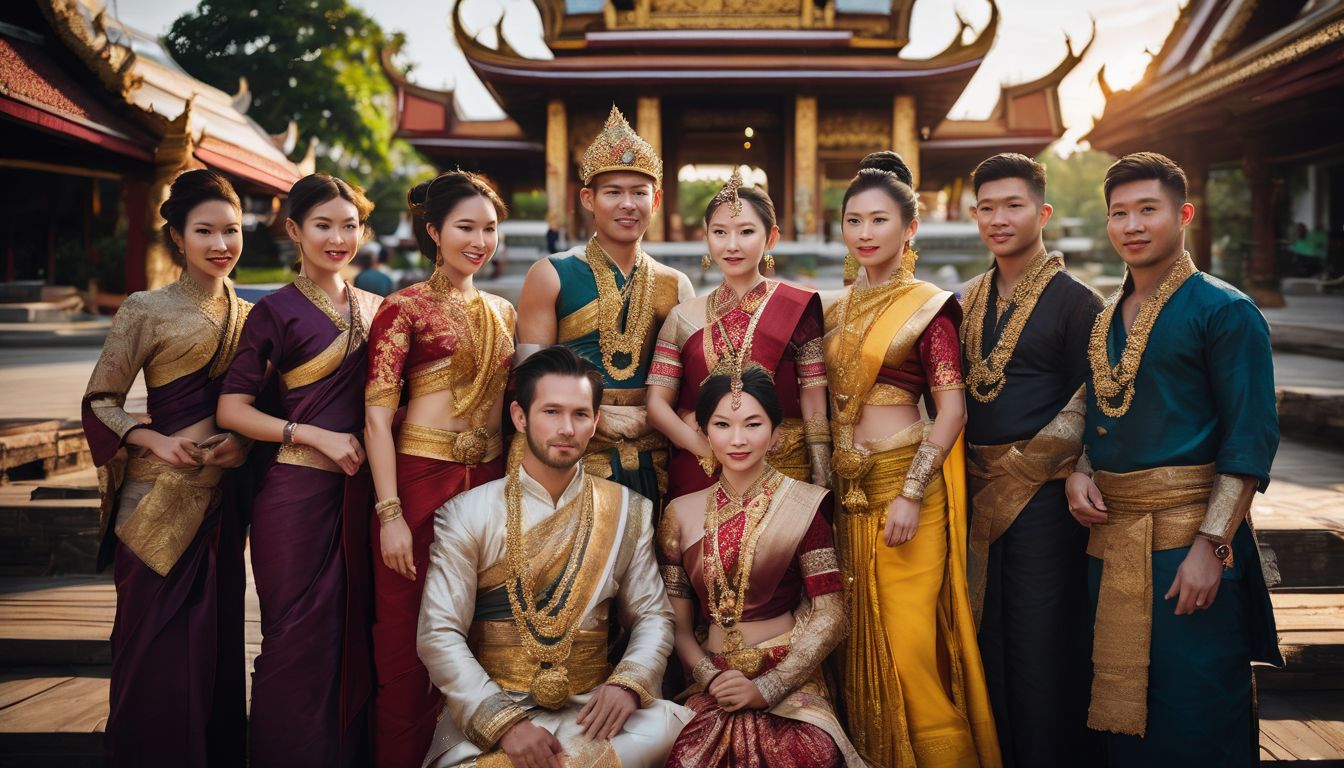 A group of people in traditional Thai clothing posing in front of a temple.