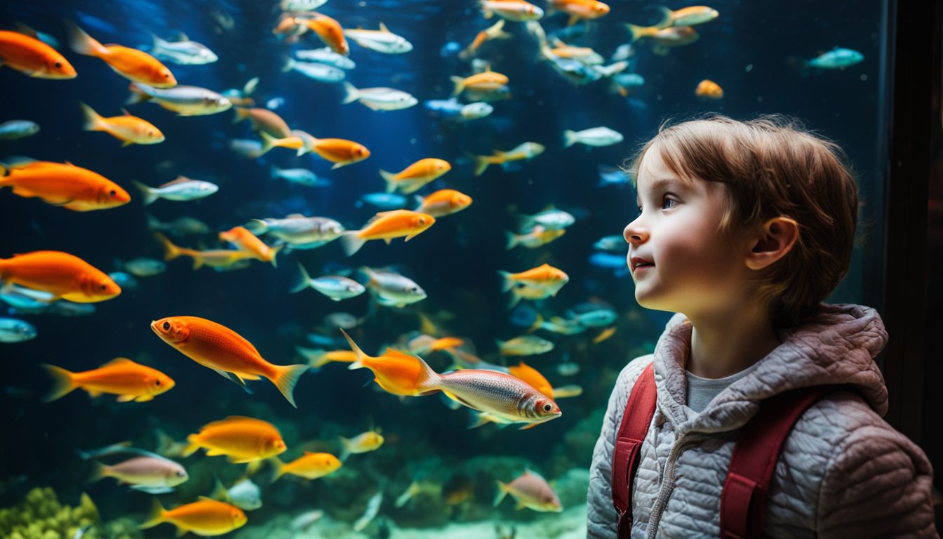 A child is captivated by a vibrant school of fish in an aquarium.