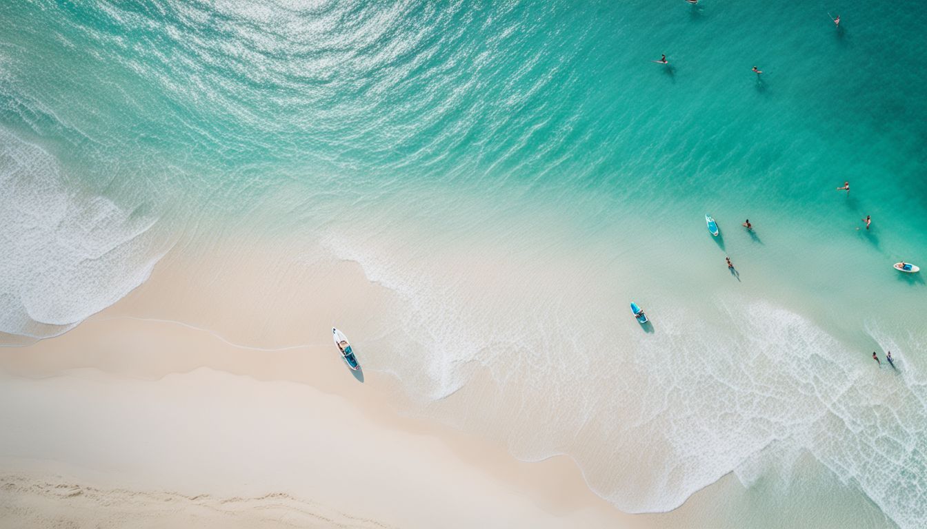 A stunning aerial shot of a white sandy beach with crystal clear turquoise water and a bustling atmosphere.