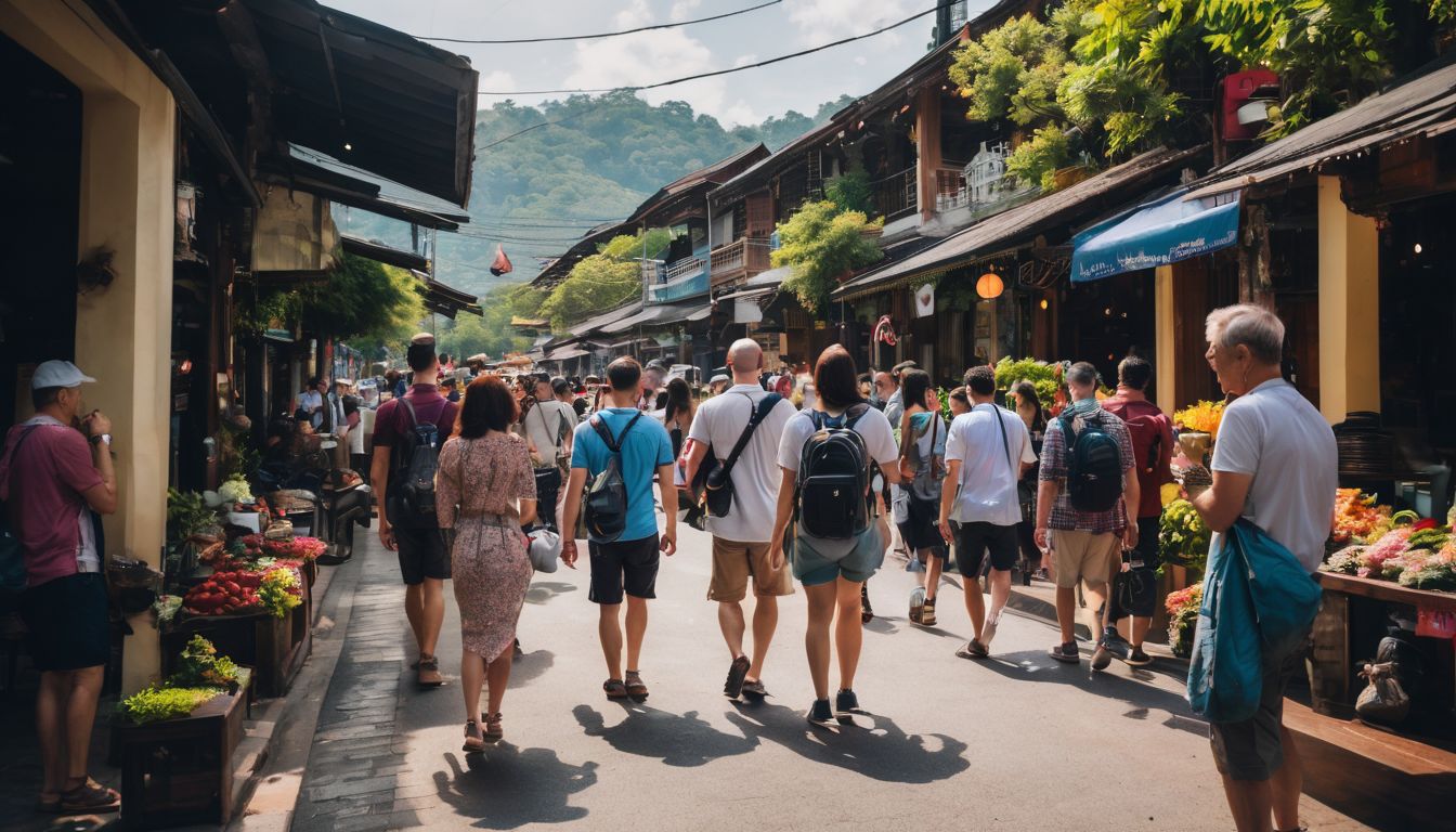 A diverse group of tourists exploring the vibrant streets of Chiang Mai in a bustling atmosphere.