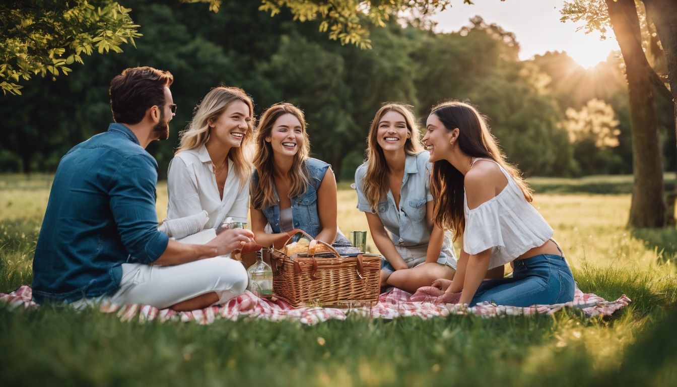 A diverse group of friends enjoying a picnic in a beautiful park.