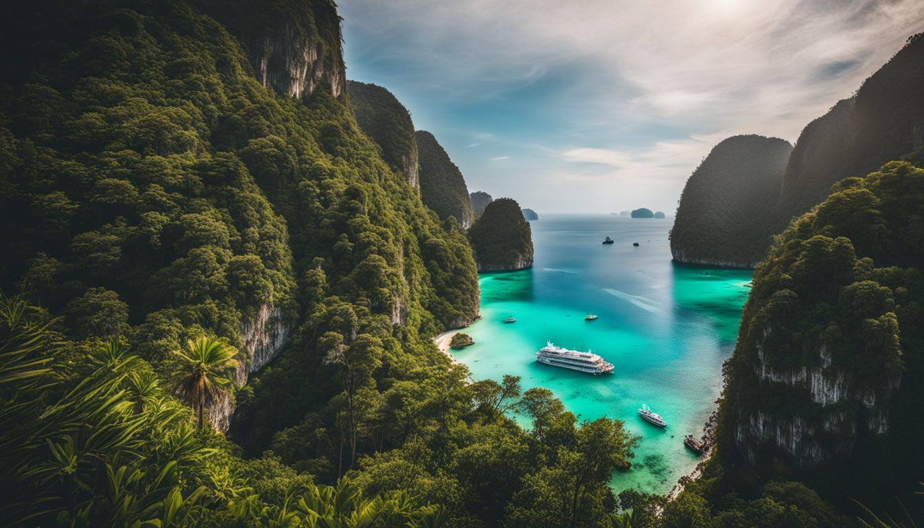 A vibrant photograph of the picturesque Phi Phi Island viewpoint with turquoise water and limestone cliffs.