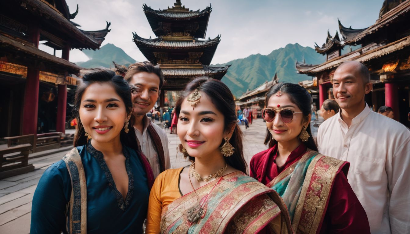 A diverse group of travelers standing in front of a colorful temple, captured with high detail and vibrant colors.