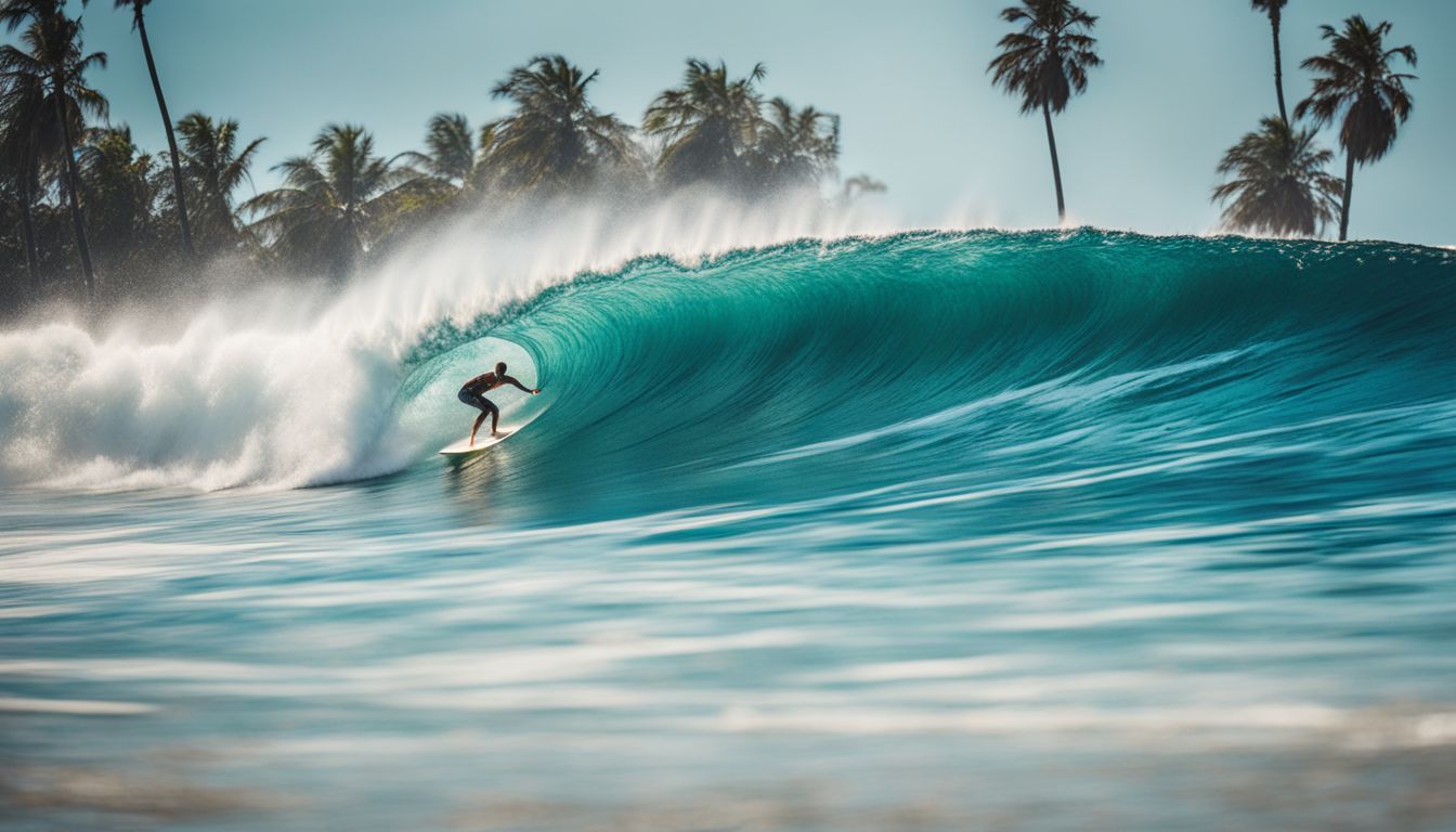 A professional surfer catches a wave in a tropical location with palm trees in the background.
