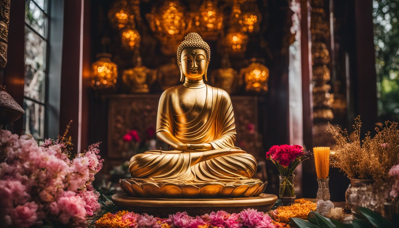A photo of a golden Buddha statue surrounded by incense sticks and flowers in a bustling temple setting.