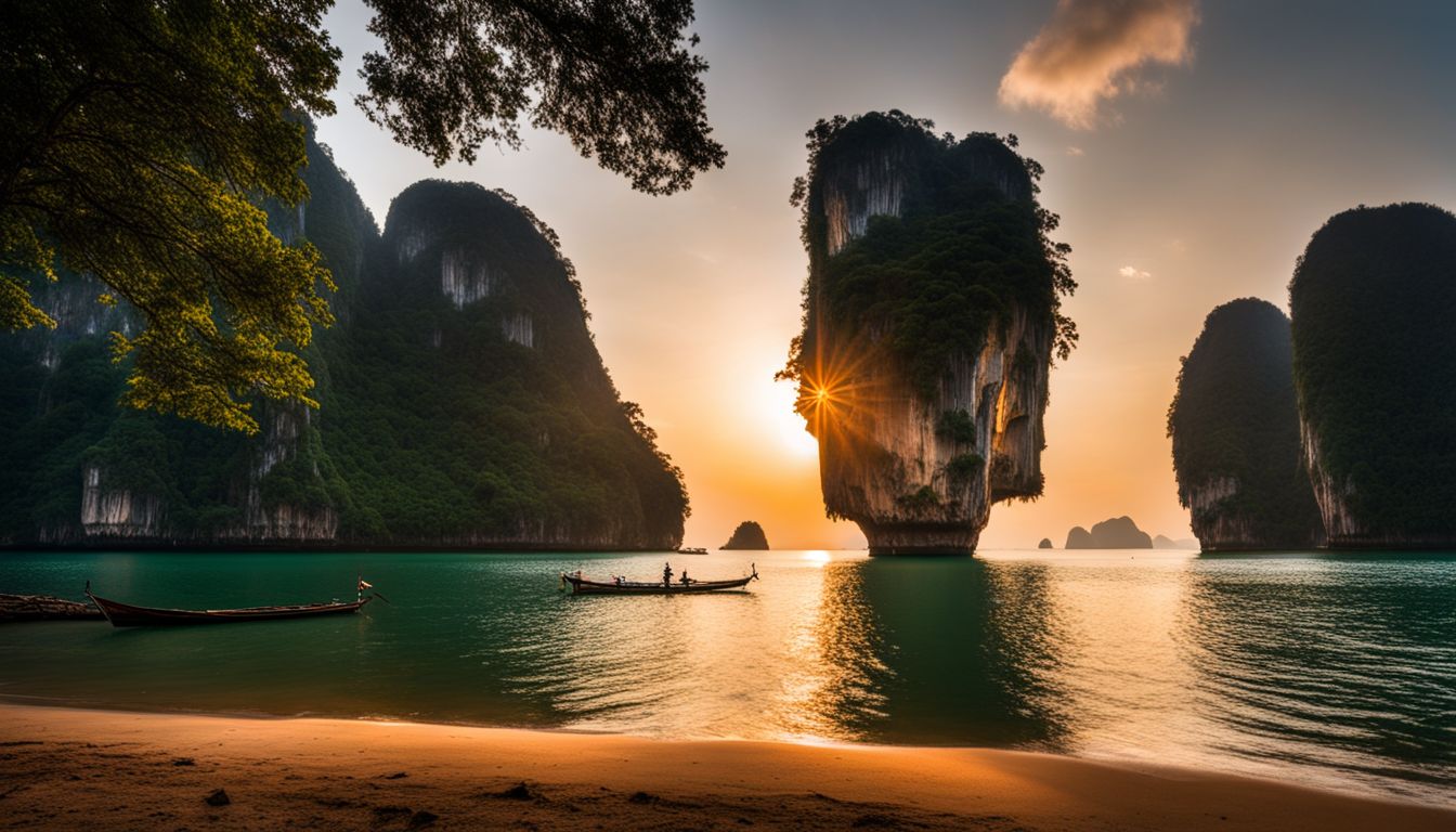 A picturesque sunset over the clear waters of Phang Nga Bay, featuring various people and vibrant scenery.