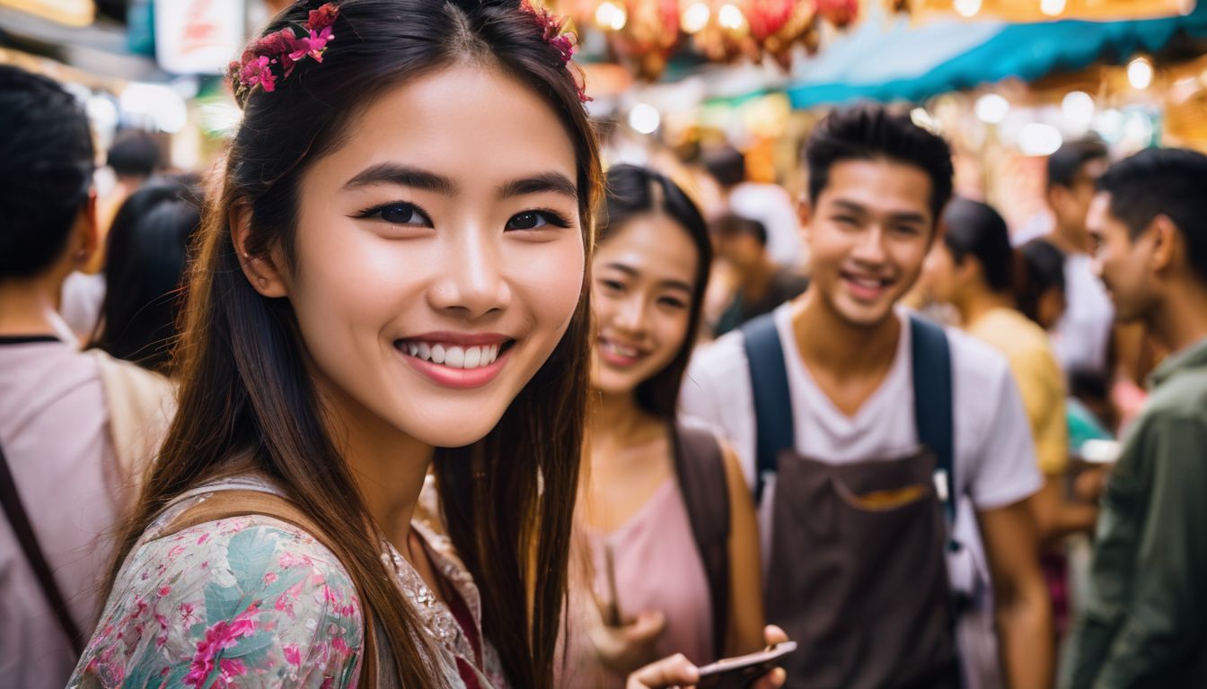 A diverse group of students happily exploring a lively Thai marketplace in a detailed, high-quality photograph.