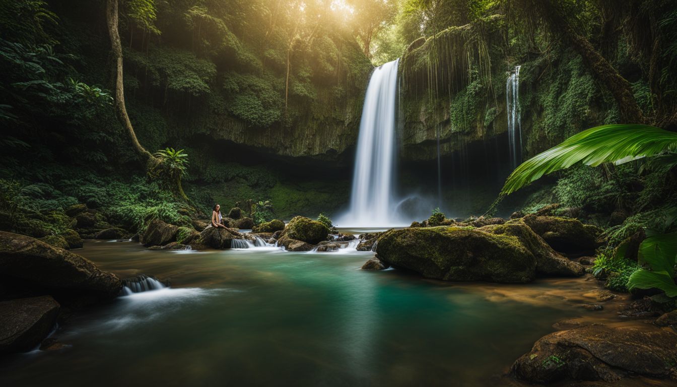 A stunning photo of a waterfall in a lush tropical jungle with people of diverse appearances and styles.