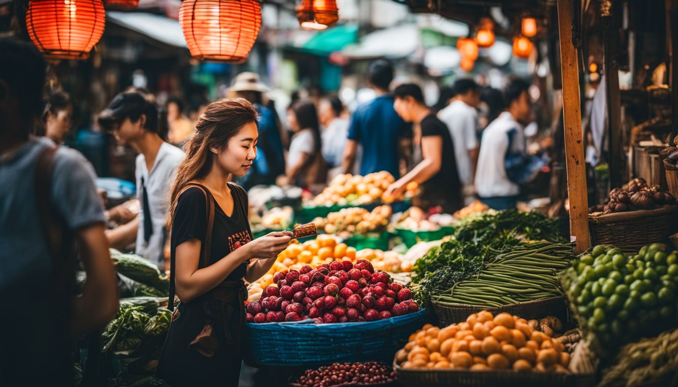 A traveler explores a bustling street market in Bangkok filled with diverse people and vibrant scenery.