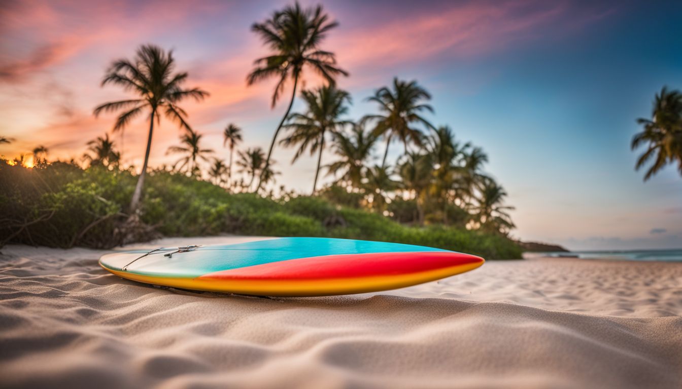 A vibrant surfboard rests on a sandy beach with palm trees in the background.