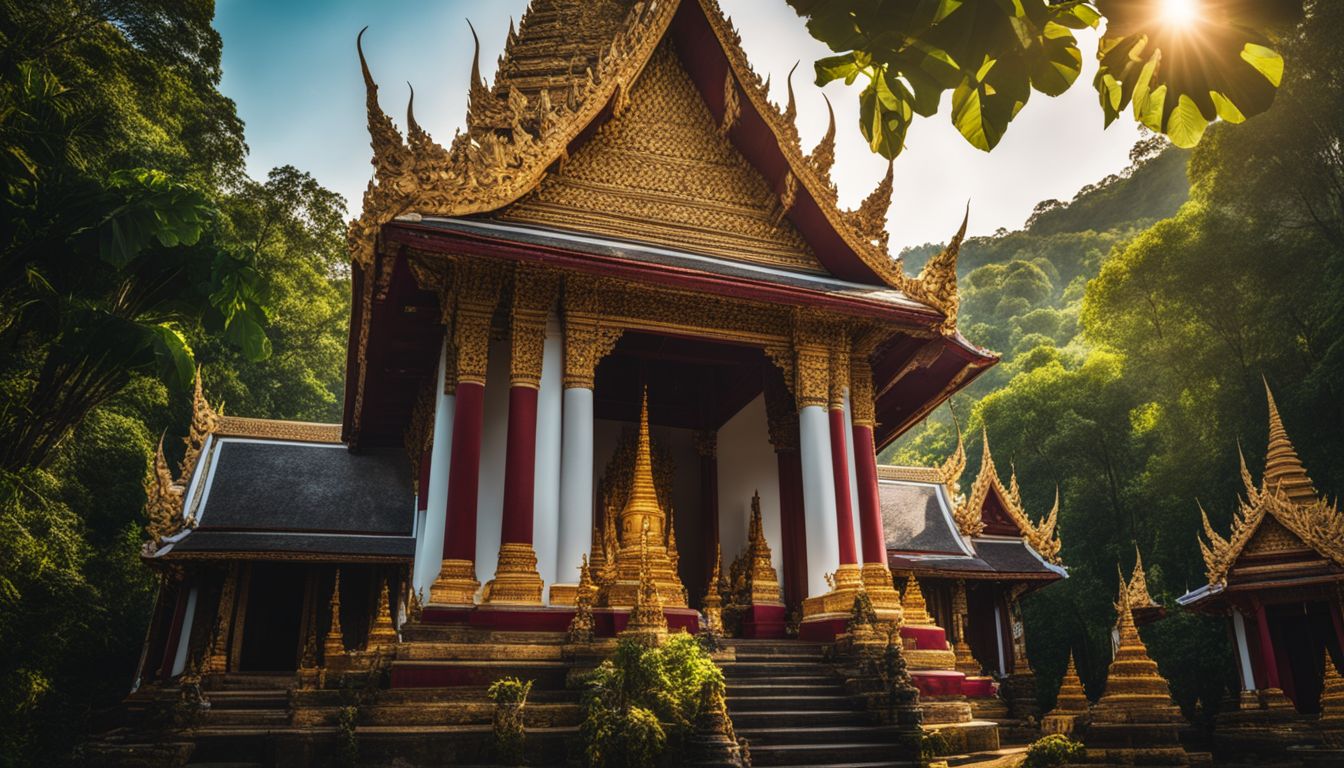 A photo of a traditional Thai temple surrounded by lush greenery with diverse people and a bustling atmosphere.