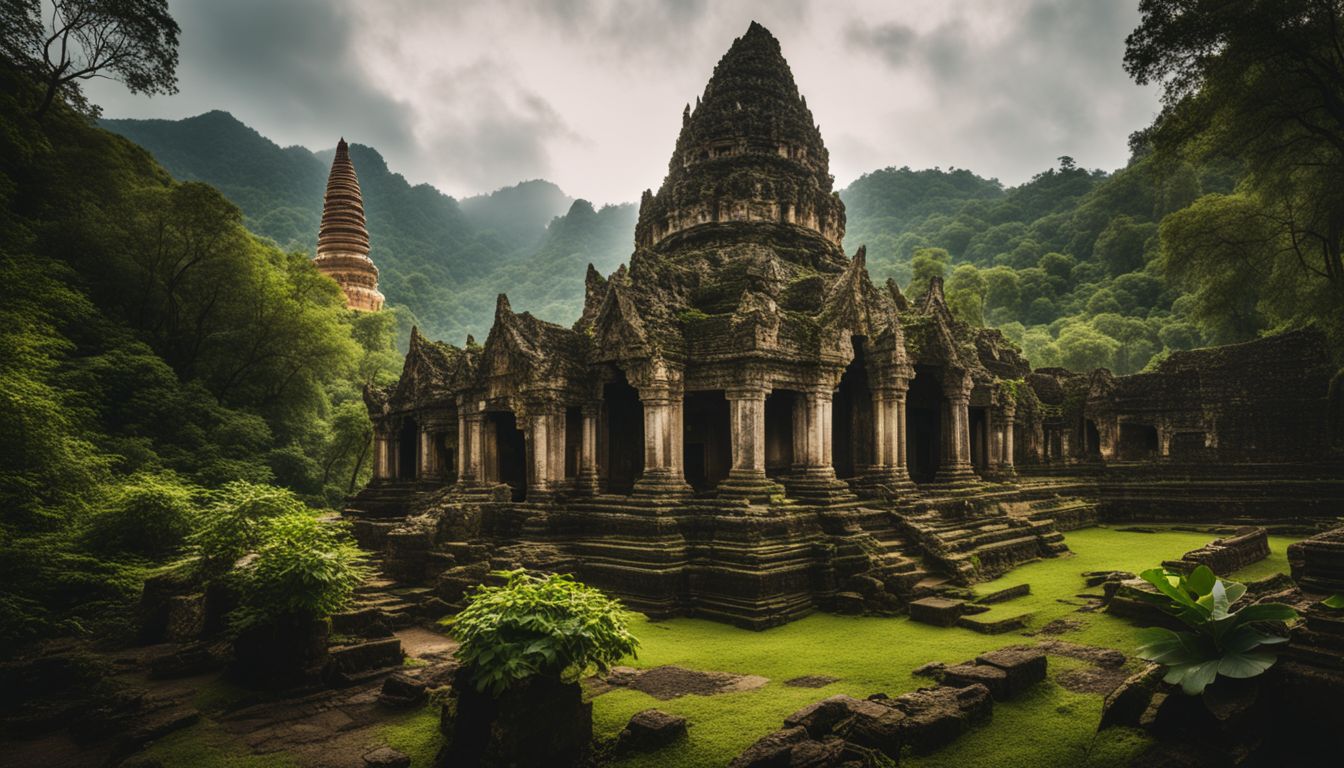 A beautiful photo of an ancient Thai temple surrounded by lush greenery and a bustling atmosphere.