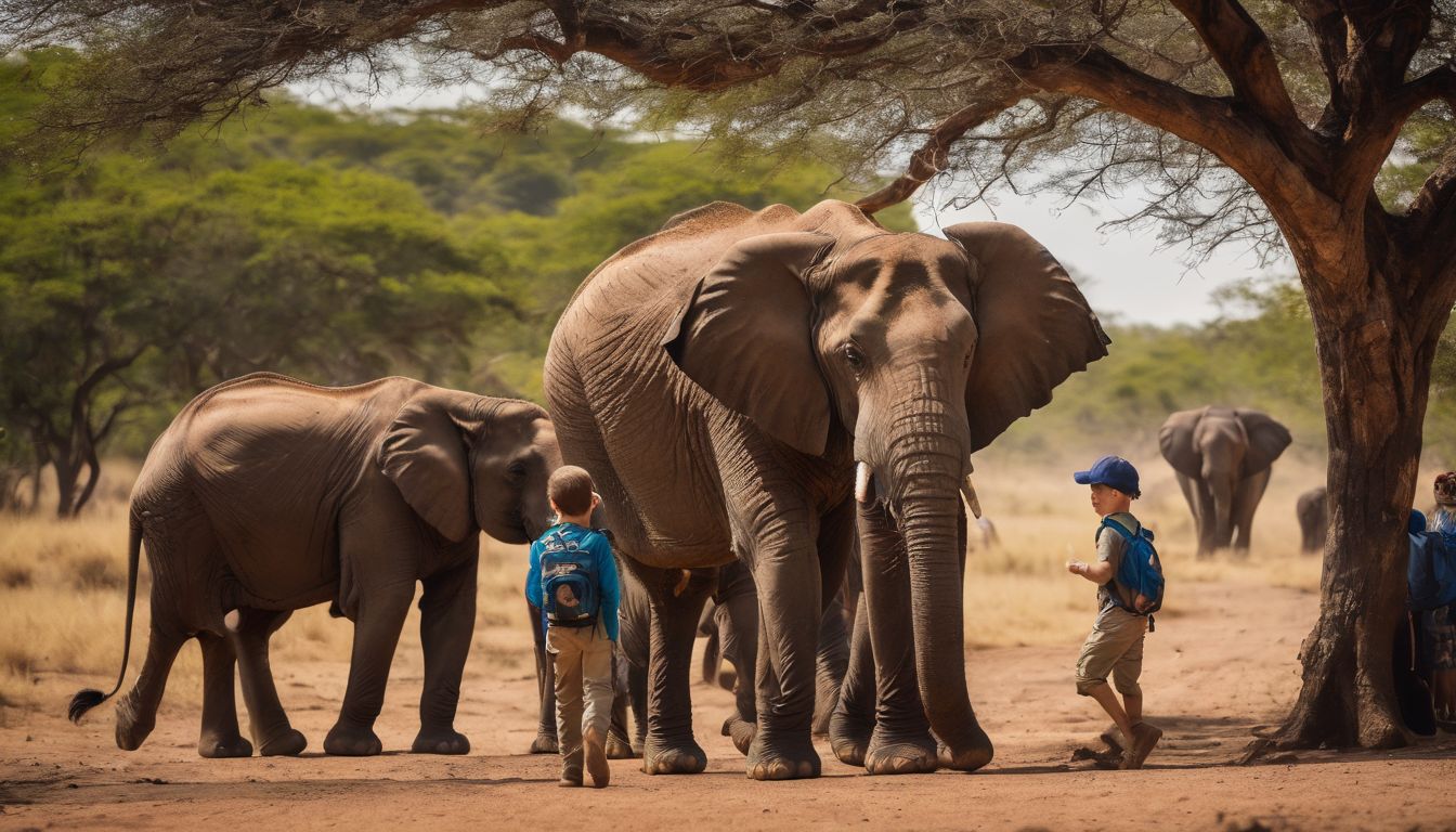 A diverse family watches elephants in an open safari area, captured by professional photographers.