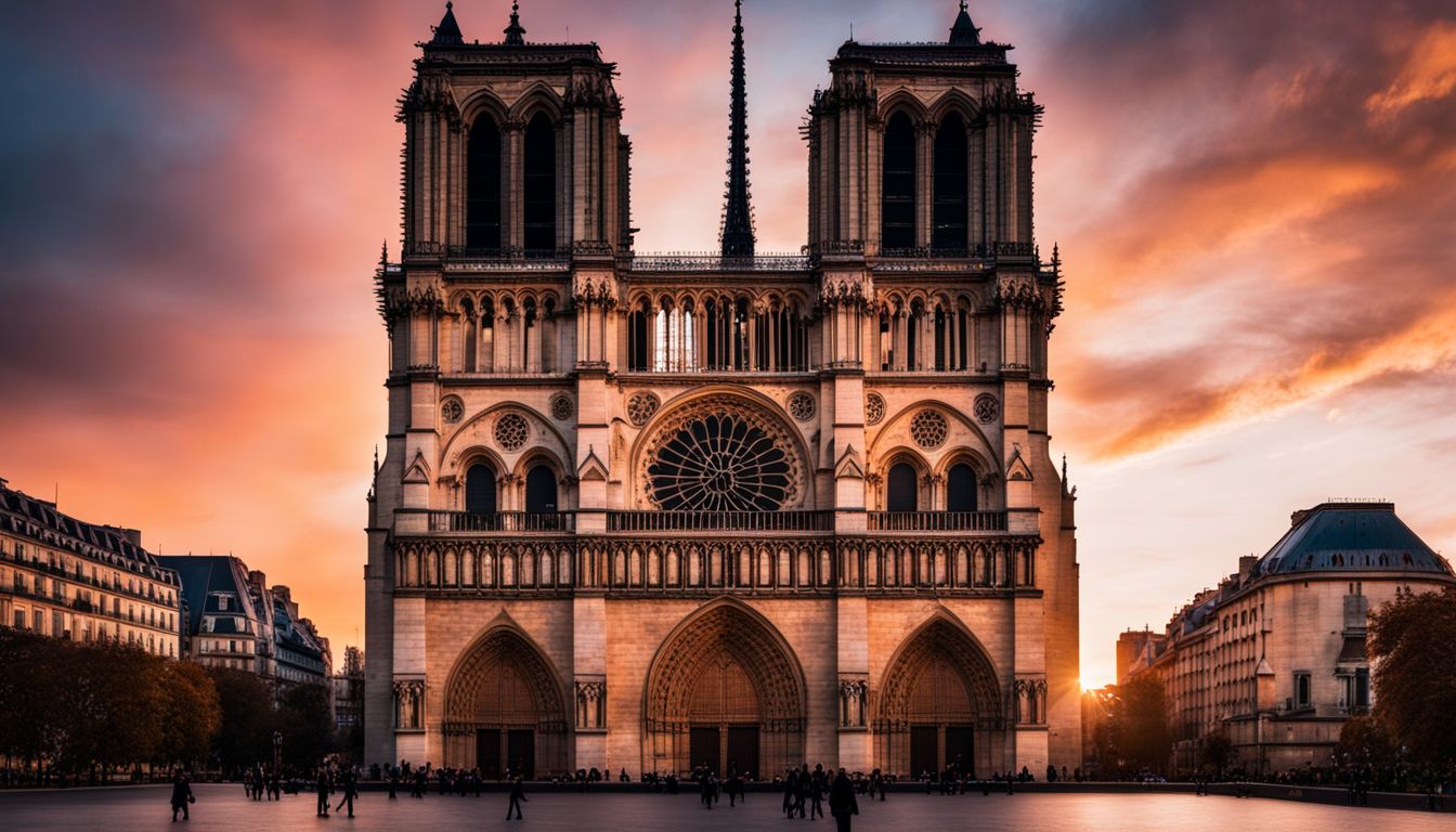 A photo of the iconic Notre Dame Cathedral at sunset, showcasing its beauty and the lively atmosphere of the city.