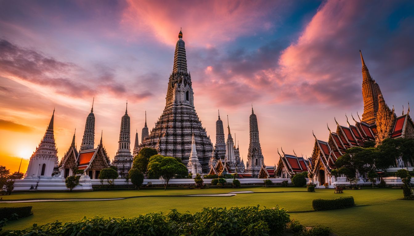 A stunning photo of Wat Arun Temple at sunset against a vibrant cityscape backdrop.