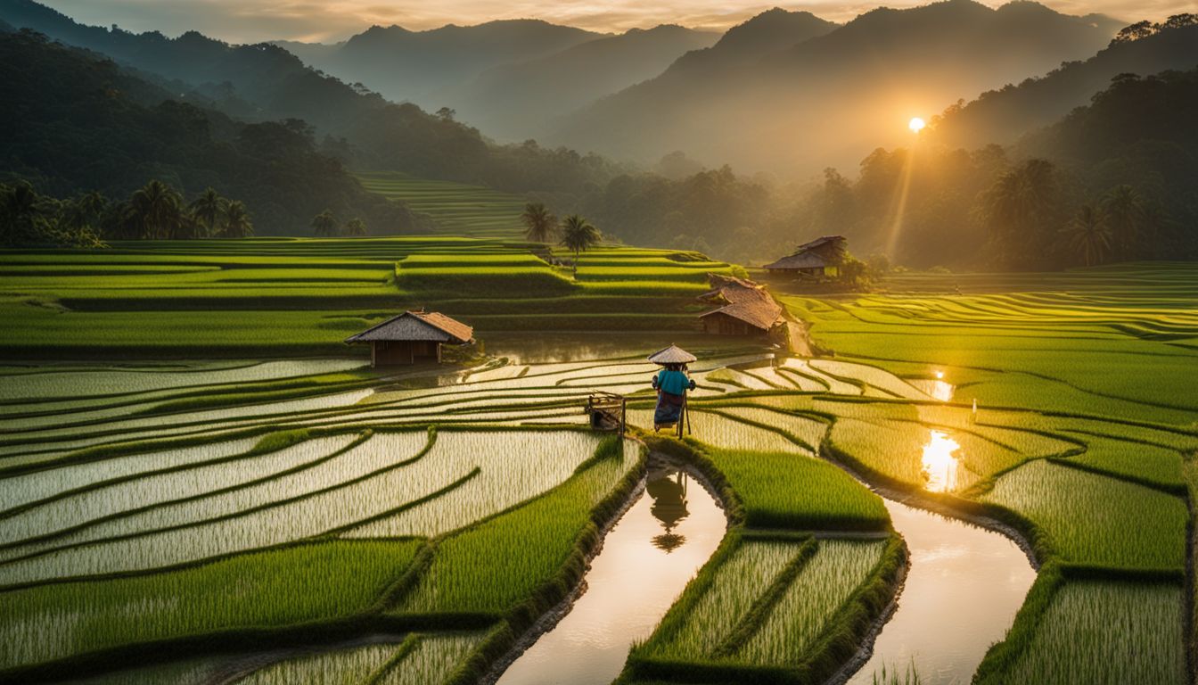 A picturesque landscape of vibrant rice paddies under a breathtaking sunset sky.