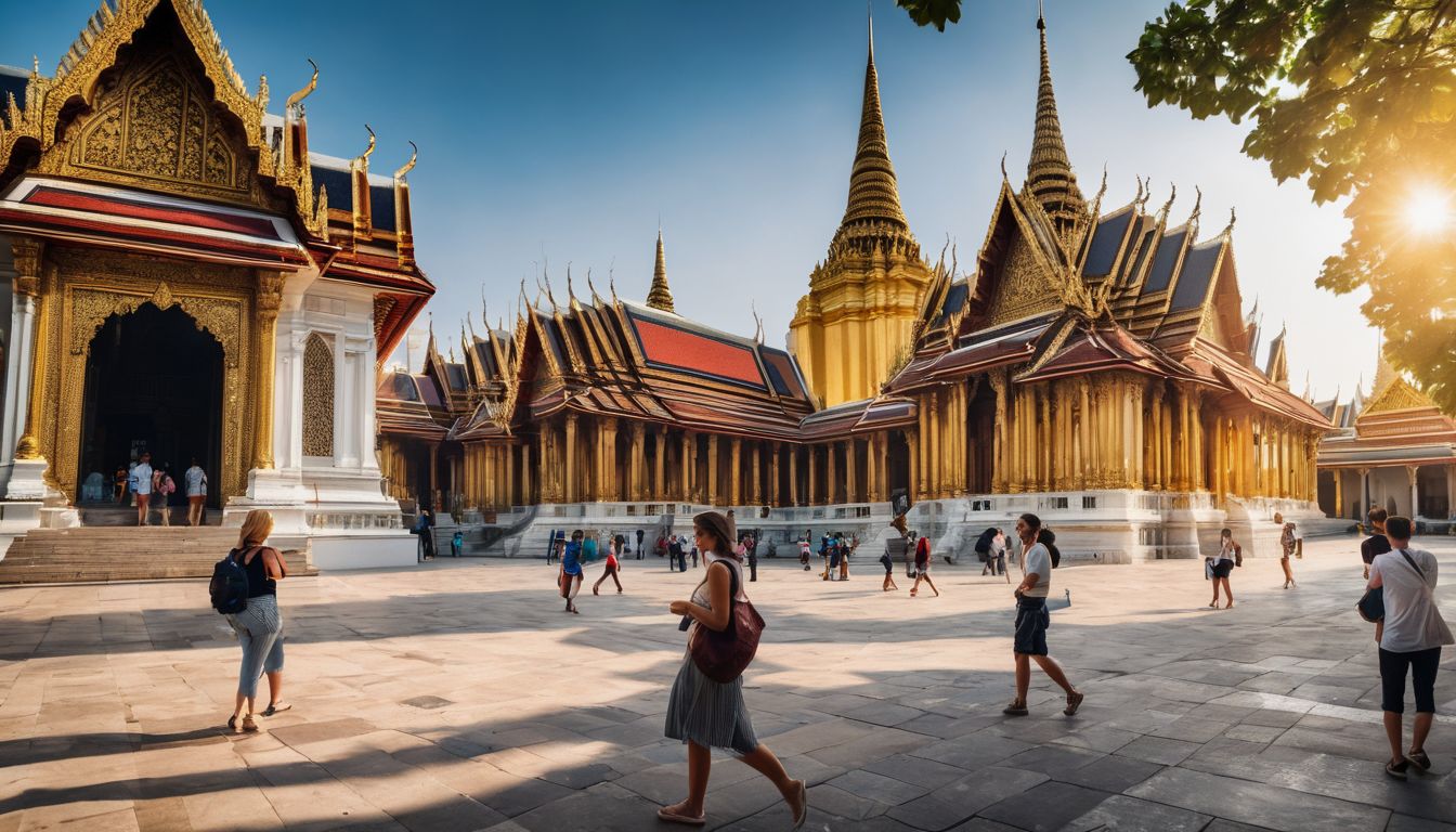 A group of tourists explore the Grand Palace, showcasing its intricate architecture, with a bustling atmosphere.