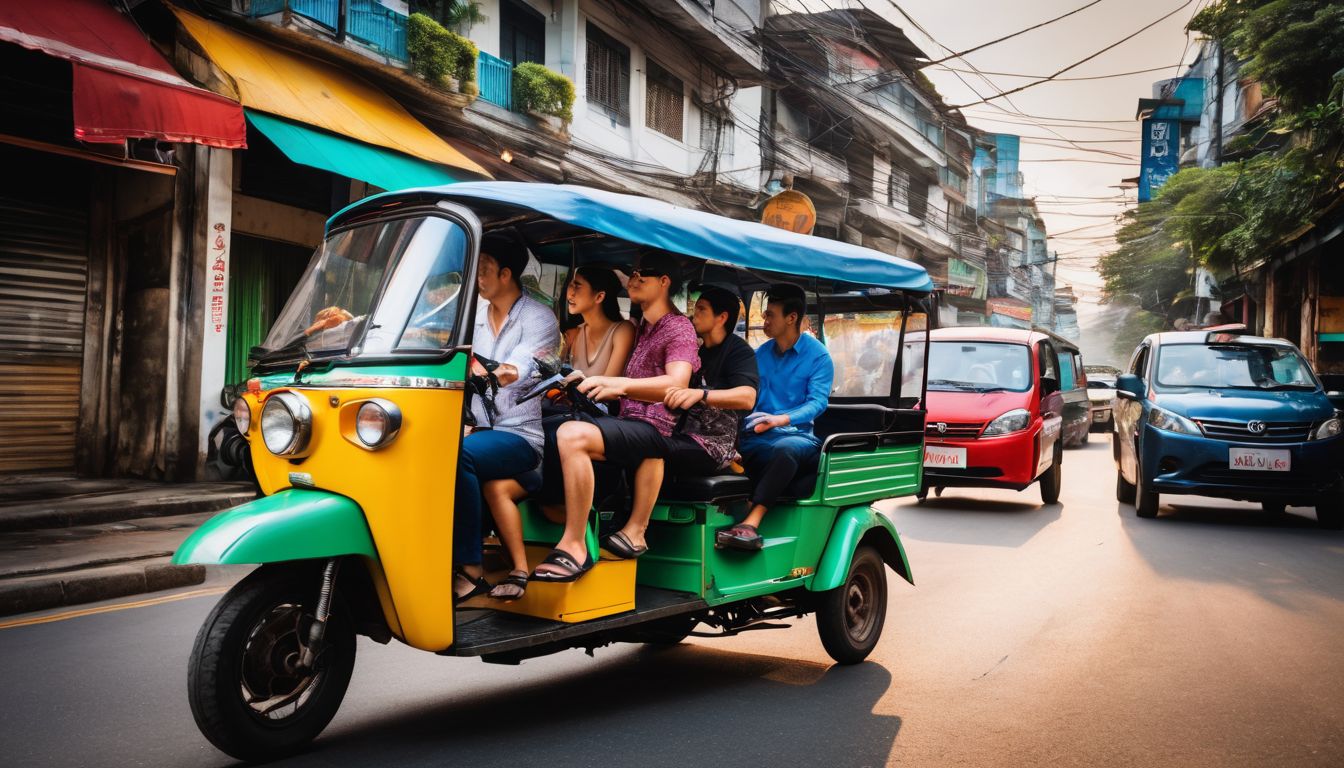 A diverse group of friends ride tuk-tuks through the vibrant streets of Bangkok.