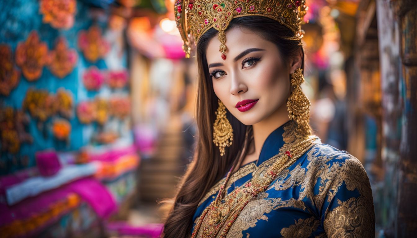 A woman wearing a traditional Thai outfit stands in front of vibrant street art in Phuket.