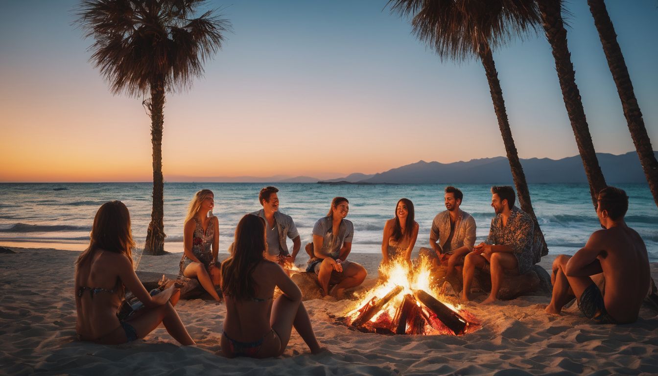 A diverse group of friends enjoys a beach bonfire at sunset with palm trees and clear blue water in the background.