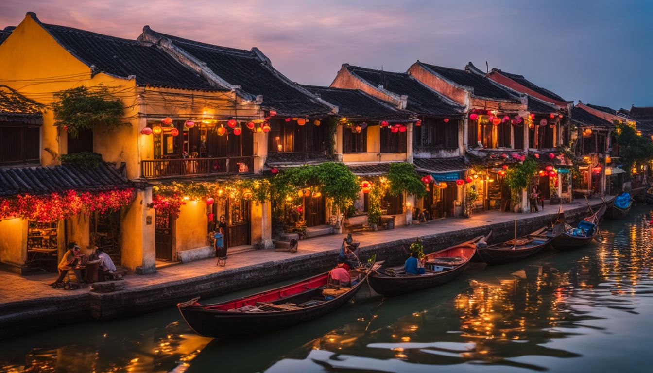 A beautiful sunset over the ancient city of Hoi An with a bustling atmosphere and diverse people.