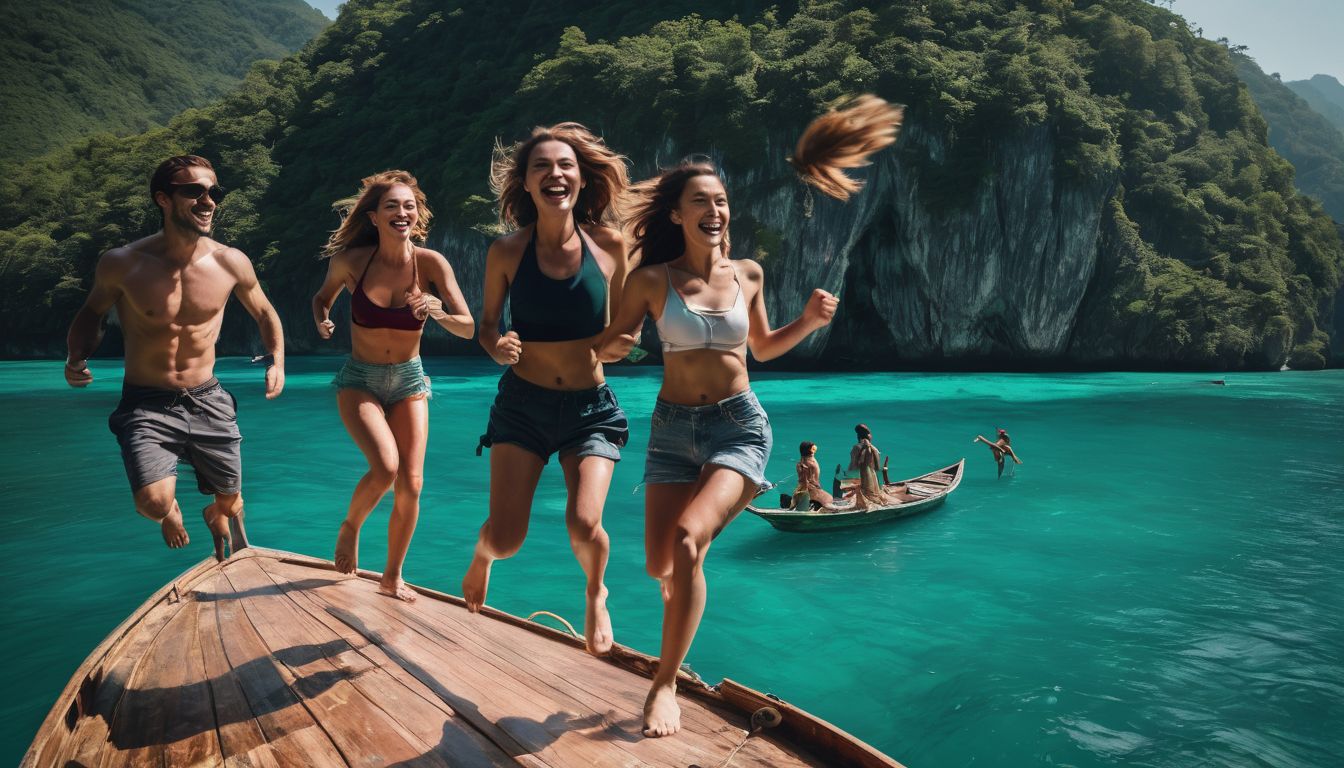 A diverse group of friends enjoy jumping off a longtail boat into turquoise waters.