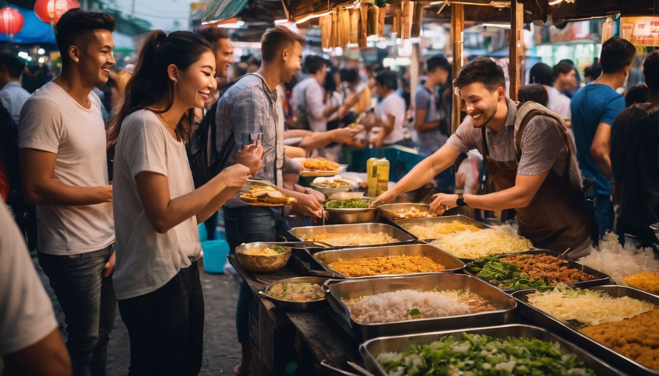 A diverse group of friends enjoying street food in a vibrant Thai market.