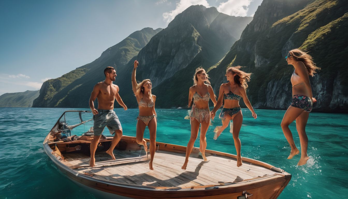 A diverse group of friends jumping off a boat into clear waters, captured in a vibrant and lively photograph.